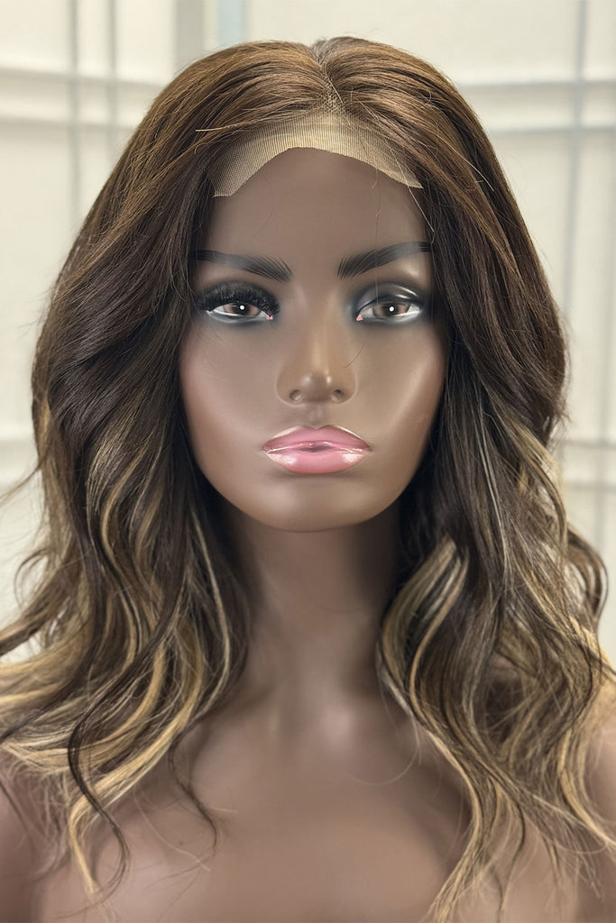 Natural Wavy Closure Wig with Blonde Highlights | 16 Inch Remy Hair - Front VIew