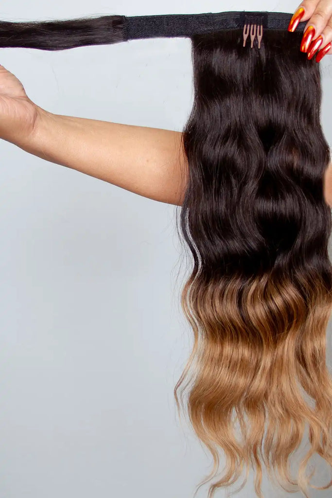 100% Pure Remy Velcro Ponytail Extension in Ombre Color - Back View