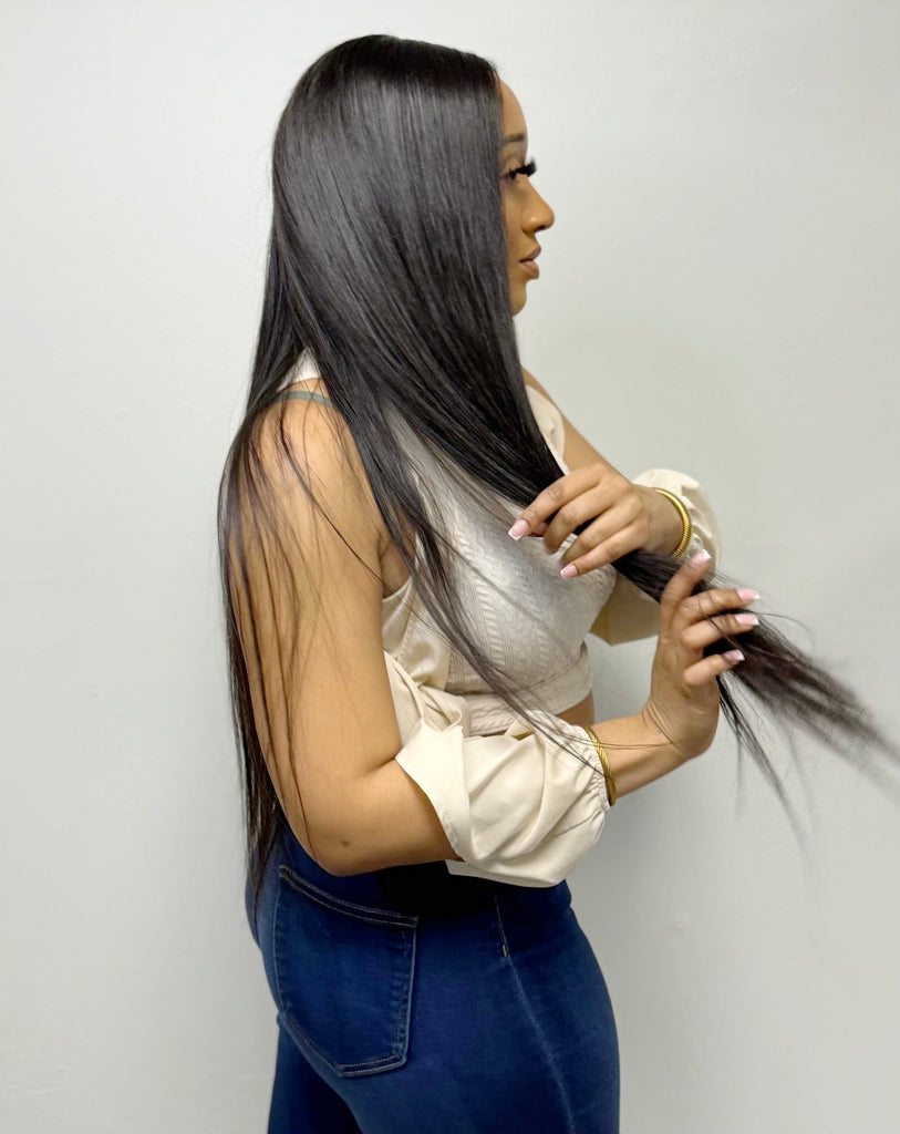 HD Closure Straight Wig - 28 Inch Remy Hair with Center Part - Side View